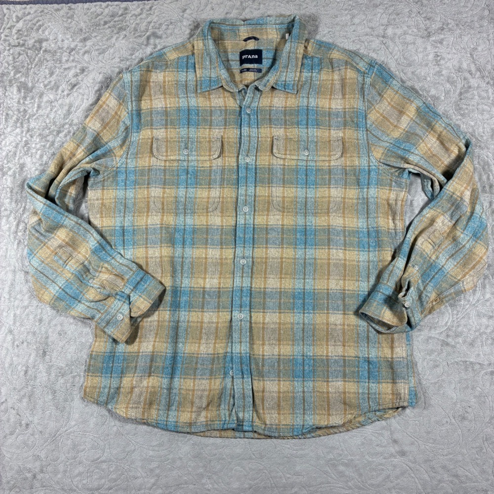Prana Mens Plaid Flannel Button Down Shirt Size XL Blue Hiking Lumberjack